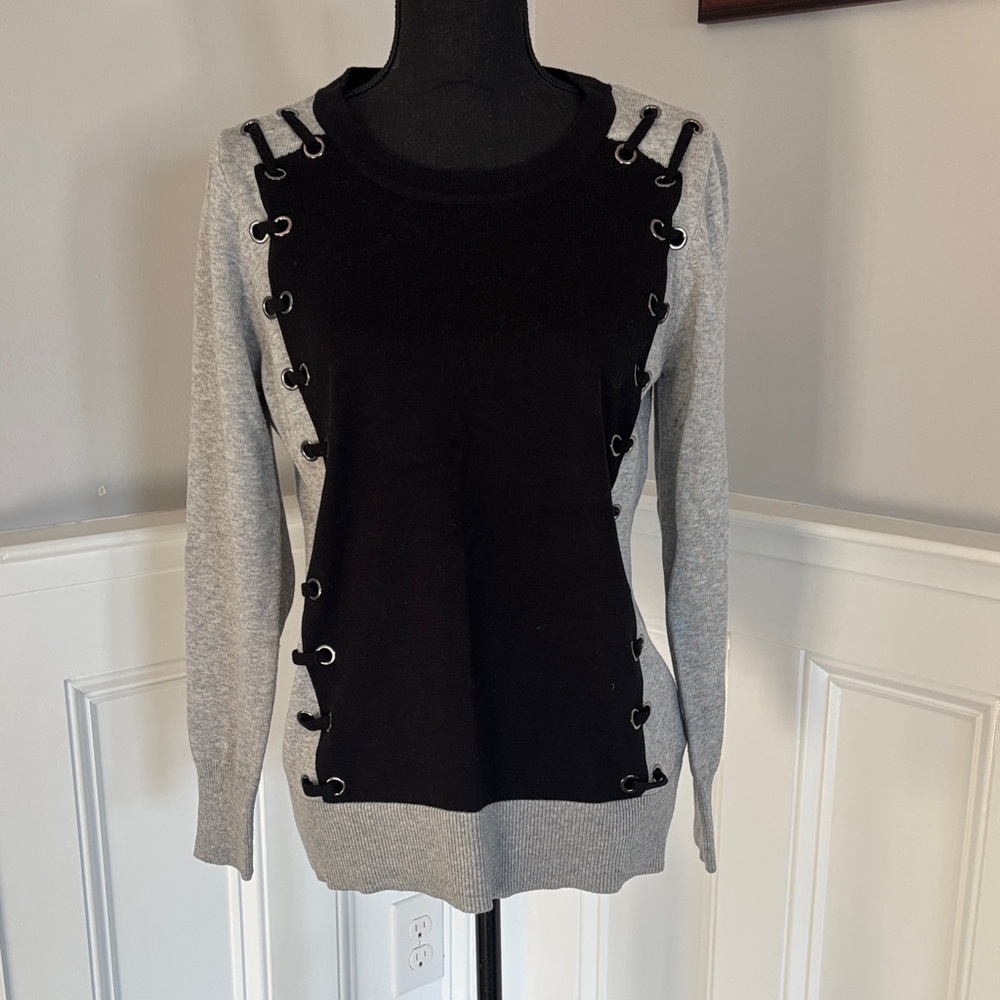 Orly Black and Gray Lace-Up Sweater, size M. EUC